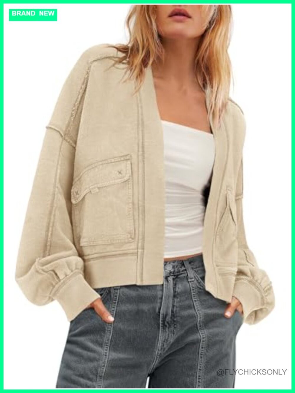 Women's Open Front Sweatshirt Cardigan Oversized Drop Shoulder Crop Jacket